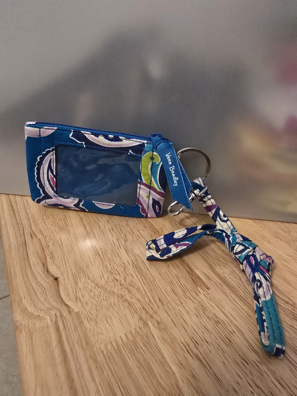 Vera Bradley Teal Floral ID Wallet with Lanyard and Keyring